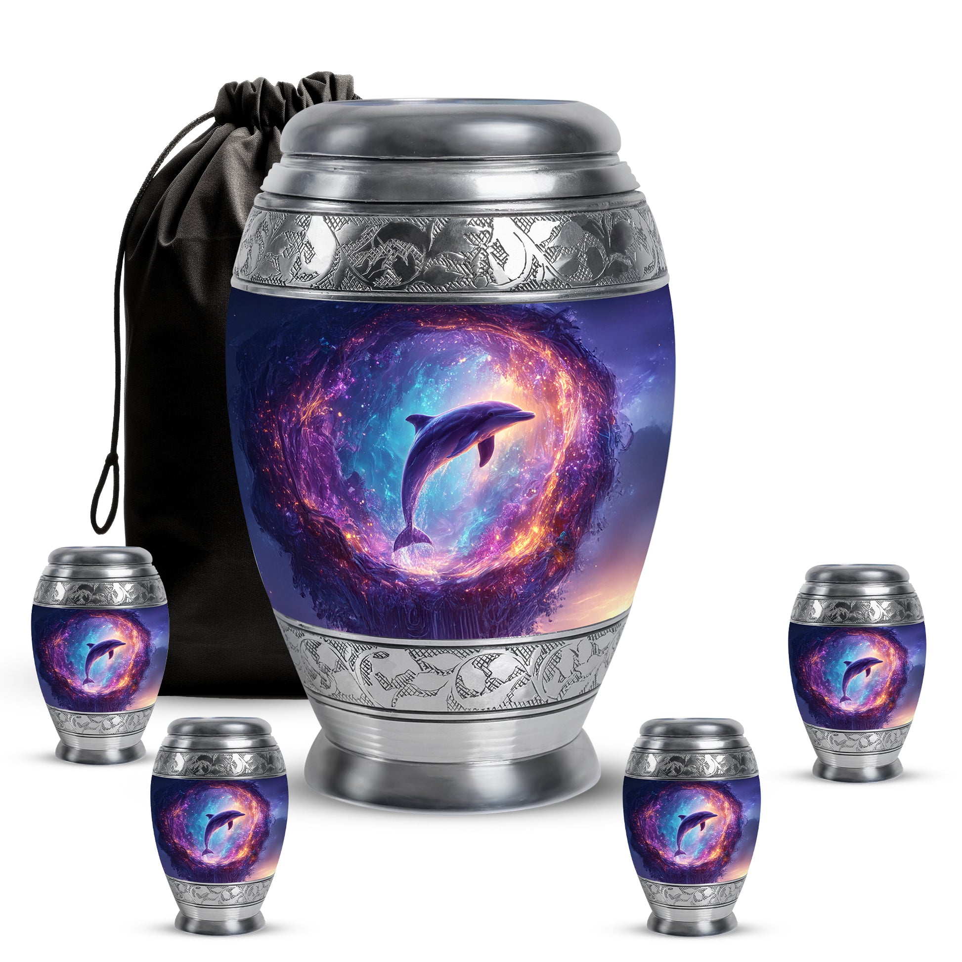 Pastel Blue Dolphin Cremation Urn detail view - regal dolphin design with crown-inspired accents - memorial set with one large and four small urns
