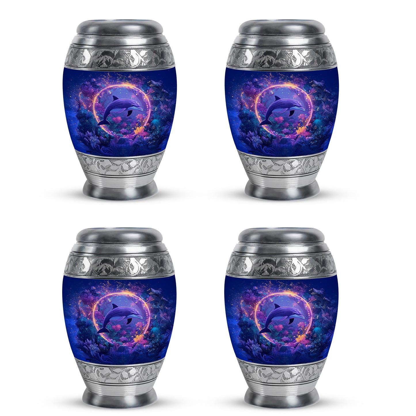 Bright Blue Dolphin Cremation Urn urn with complimentary velvet bag - royal dolphin engraving with decorative scrollwork - 10 inch aluminum urn for cremated remains