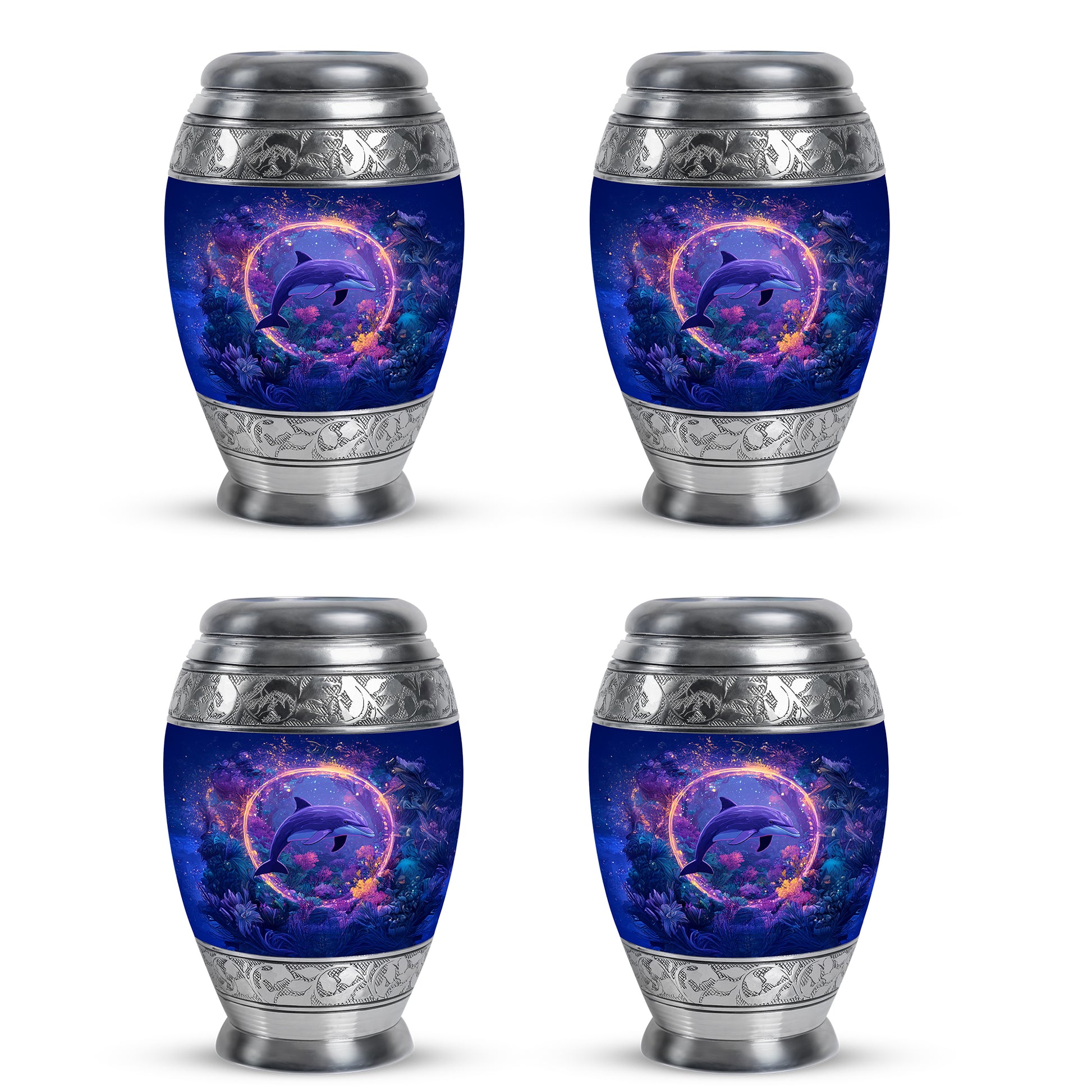 Bright Blue Dolphin Cremation Urn urn with complimentary velvet bag - royal dolphin engraving with decorative scrollwork - 10 inch aluminum urn for cremated remains