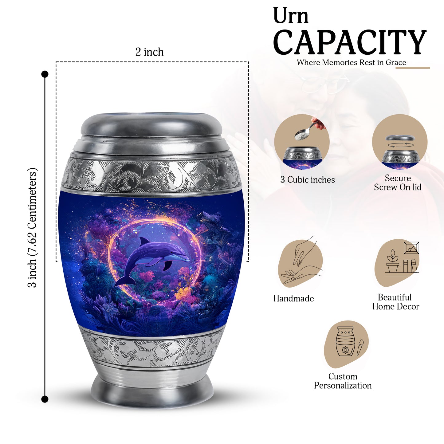 Navy Blue Dolphin Cremation Urn lifestyle display on memorial shelf - regal dolphin design with crown-inspired accents - mini keepsake memorial for portion of cremation ashes