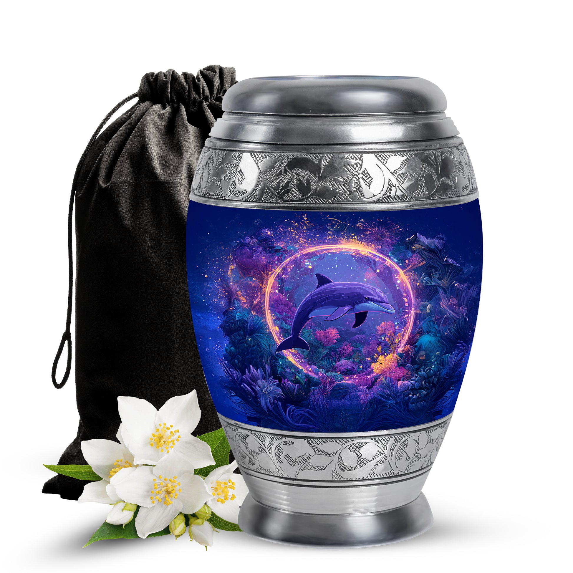Royal Blue Dolphin Cremation Urn back view with polished surface - majestic dolphin pattern with filigree border - full-size 10 inch 200 cubic inch adult cremation urn
