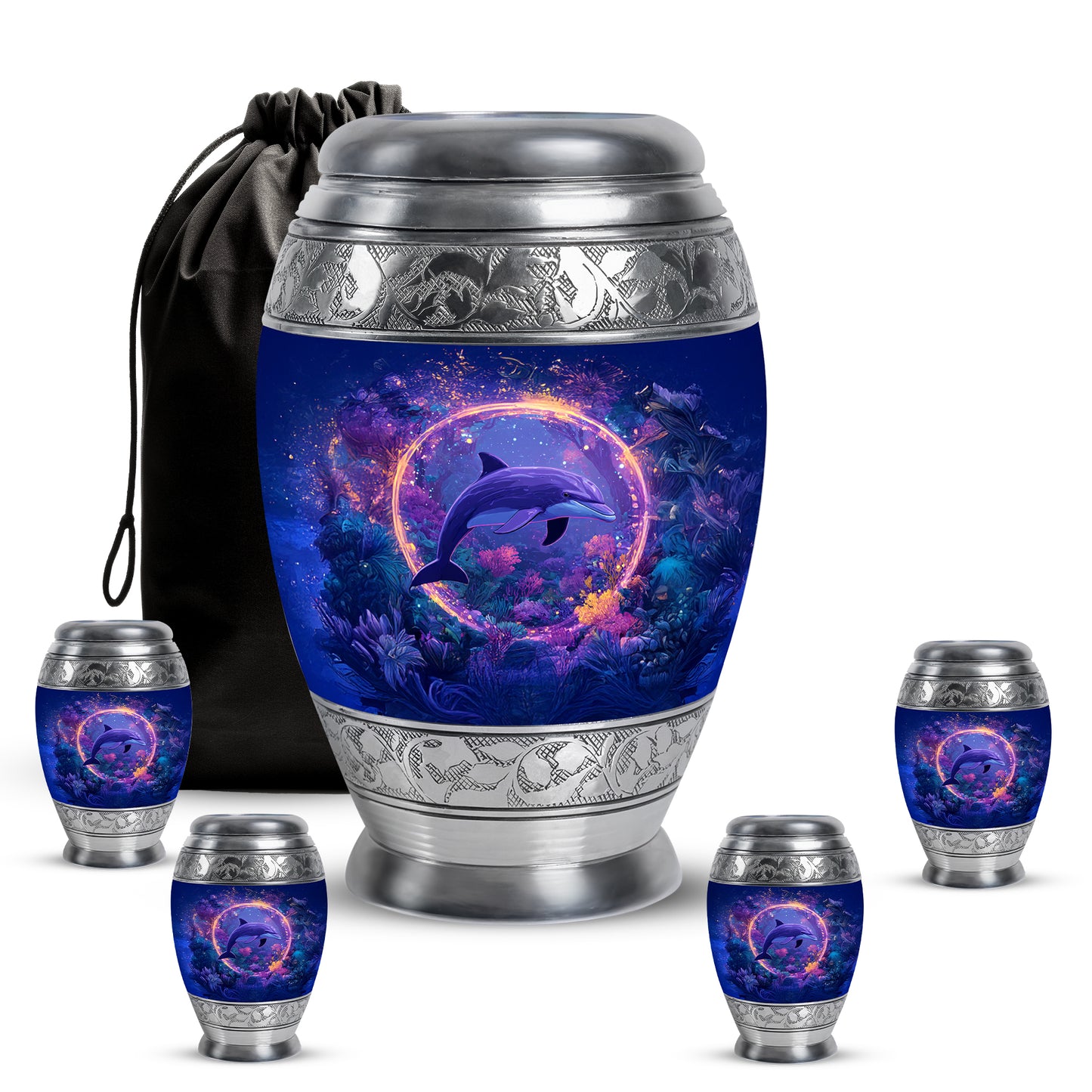 Cobalt Blue Dolphin Cremation Urn detail view - majestic dolphin pattern with filigree border - memorial set with one large and four small urns