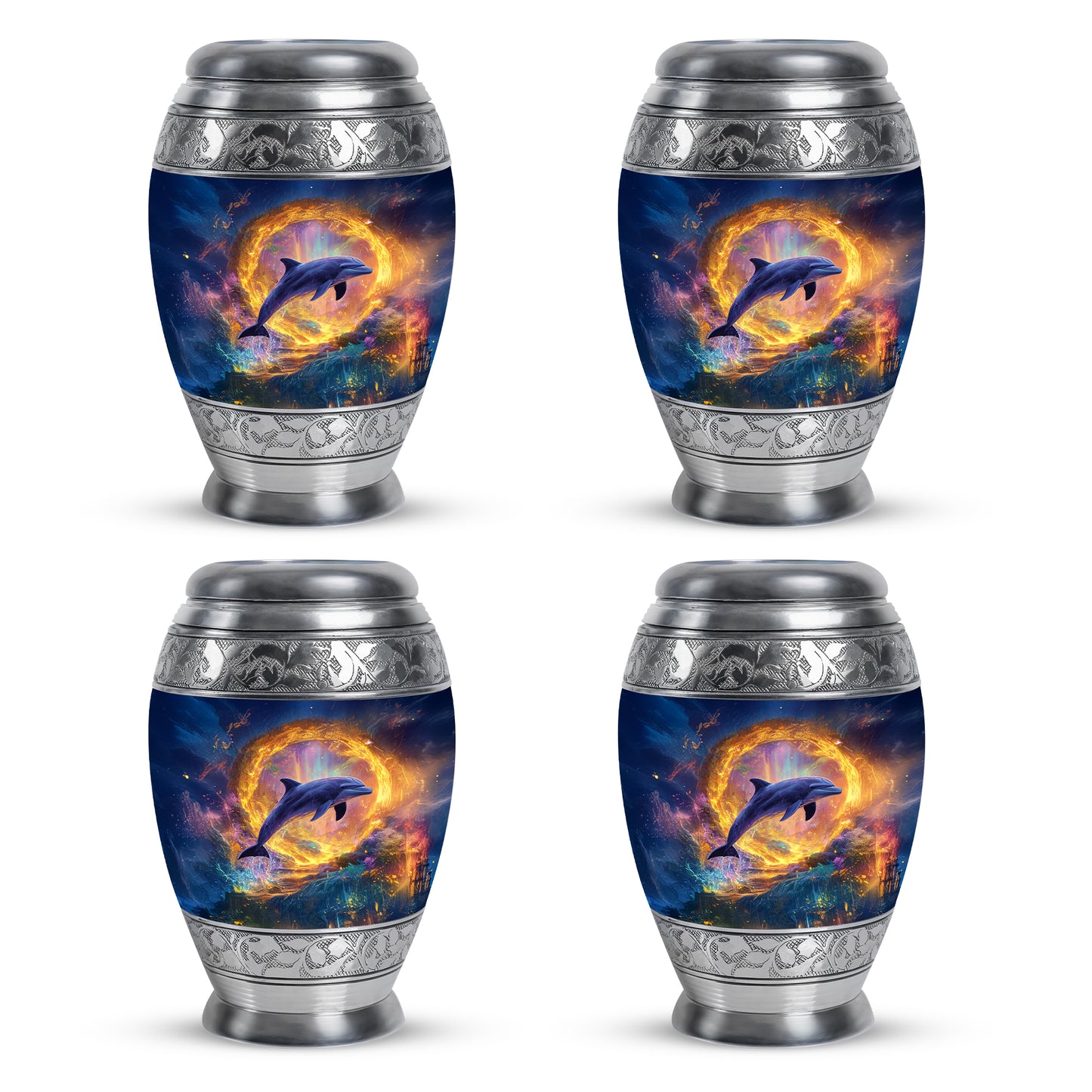 Celestial Blue Dolphin Cremation Urn urn with complimentary velvet bag - regal dolphin design with crown-inspired accents - 10 inch aluminum urn for cremated remains
