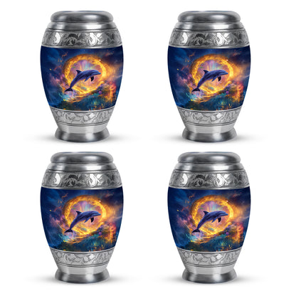 Celestial Blue Dolphin Cremation Urn urn with complimentary velvet bag - regal dolphin design with crown-inspired accents - 10 inch aluminum urn for cremated remains