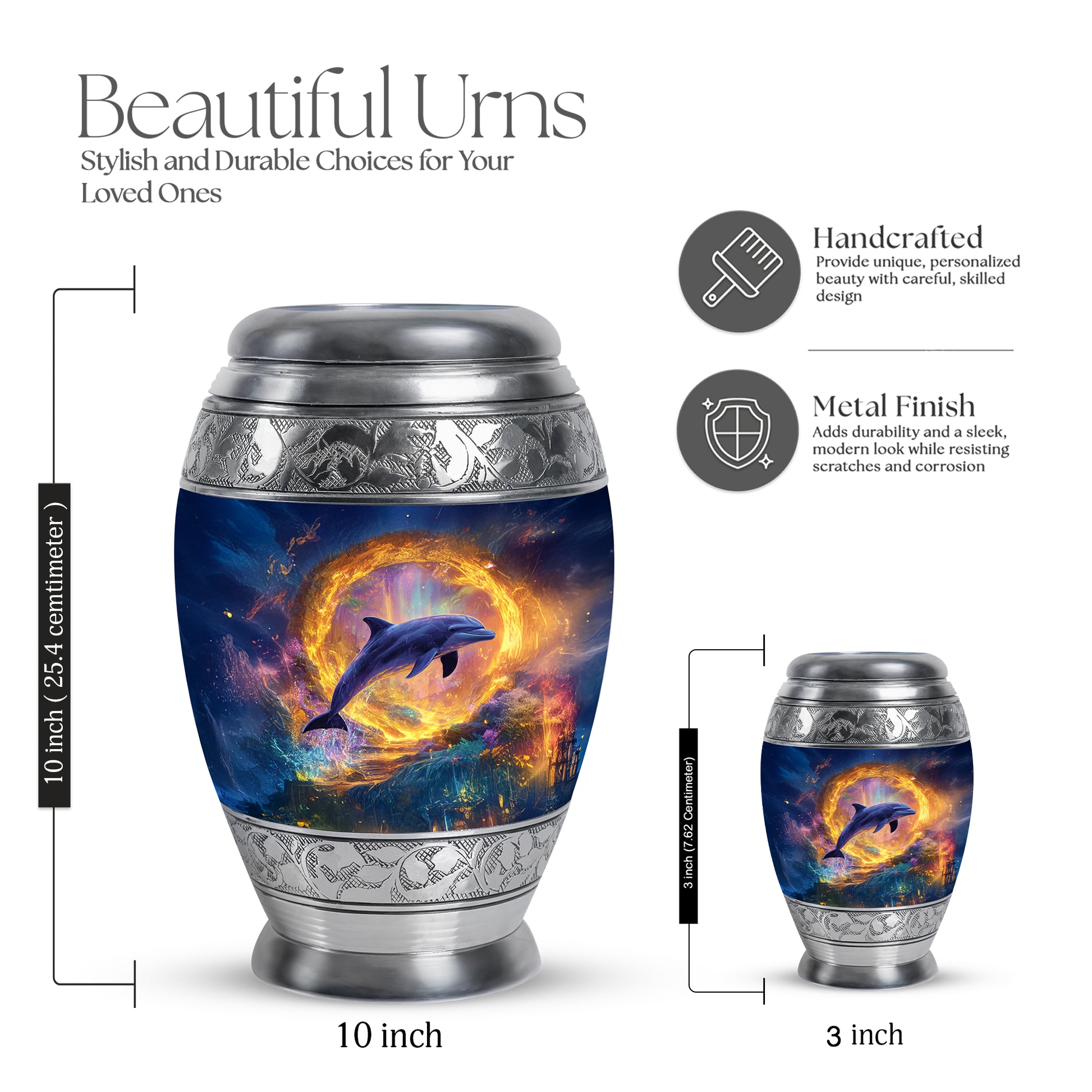 Celestial Blue Dolphin Cremation Urn lifestyle display on memorial shelf - regal dolphin design with crown-inspired accents - mini keepsake memorial for portion of cremation ashes