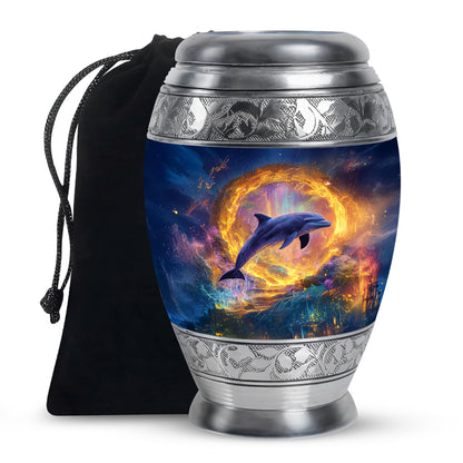 Azure Dolphin Cremation Urn back view with polished surface - ornate monarch-style dolphin relief on brushed aluminum - full-size 10 inch 200 cubic inch adult cremation urn