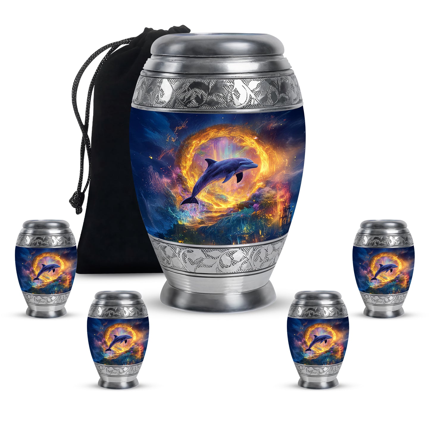 Royal Blue Dolphin Cremation Urn detail view - royal dolphin engraving with decorative scrollwork - memorial set with one large and four small urns