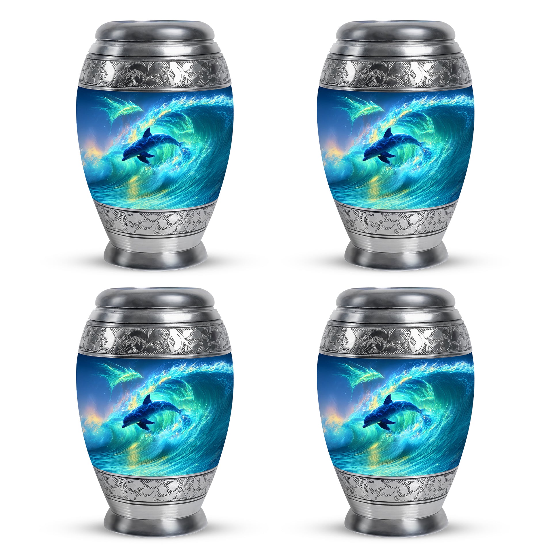 Cornflower Blue Dolphin Cremation Urn urn with complimentary velvet bag - royal dolphin engraving with decorative scrollwork - 10 inch aluminum urn for cremated remains