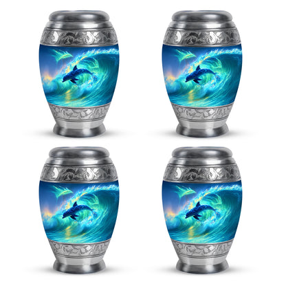 Cornflower Blue Dolphin Cremation Urn urn with complimentary velvet bag - royal dolphin engraving with decorative scrollwork - 10 inch aluminum urn for cremated remains