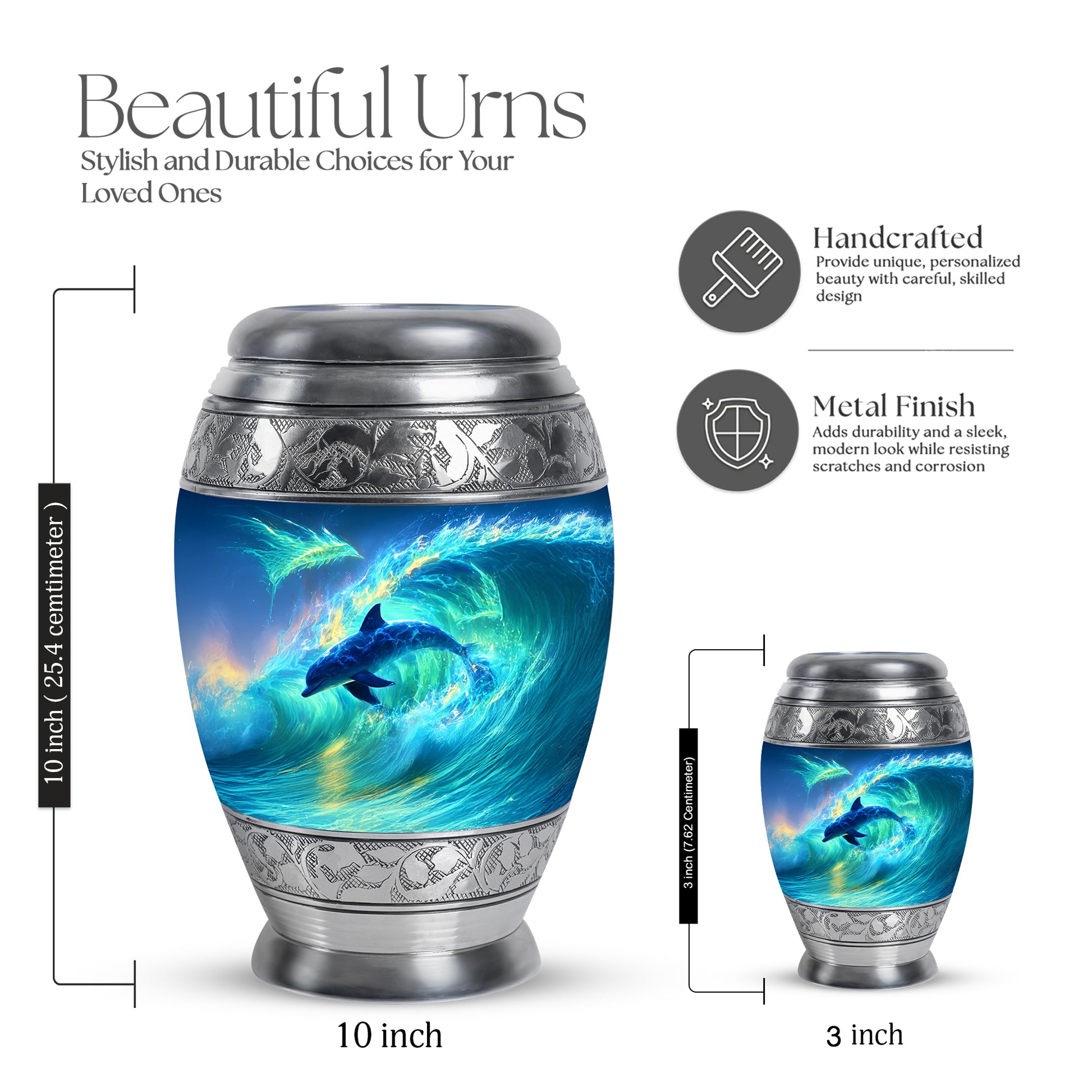 Royal Blue Dolphin Cremation Urn lifestyle display on memorial shelf - majestic dolphin pattern with filigree border - mini keepsake memorial for portion of cremation ashes