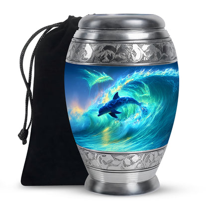 Vivid Blue Dolphin Cremation Urn back view with polished surface - royal dolphin engraving with decorative scrollwork - full-size 10 inch 200 cubic inch adult cremation urn