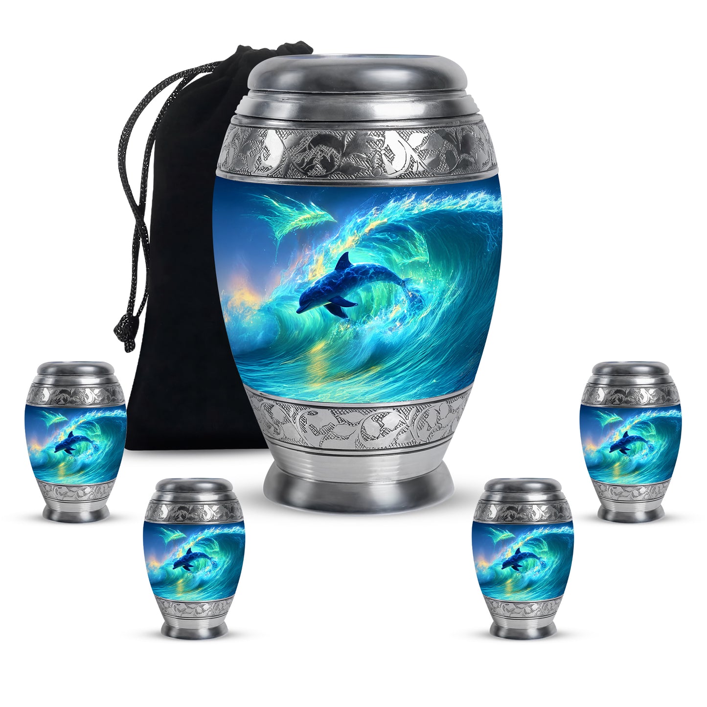 Sky Blue Dolphin Cremation Urn detail view - regal dolphin design with crown-inspired accents - memorial set with one large and four small urns