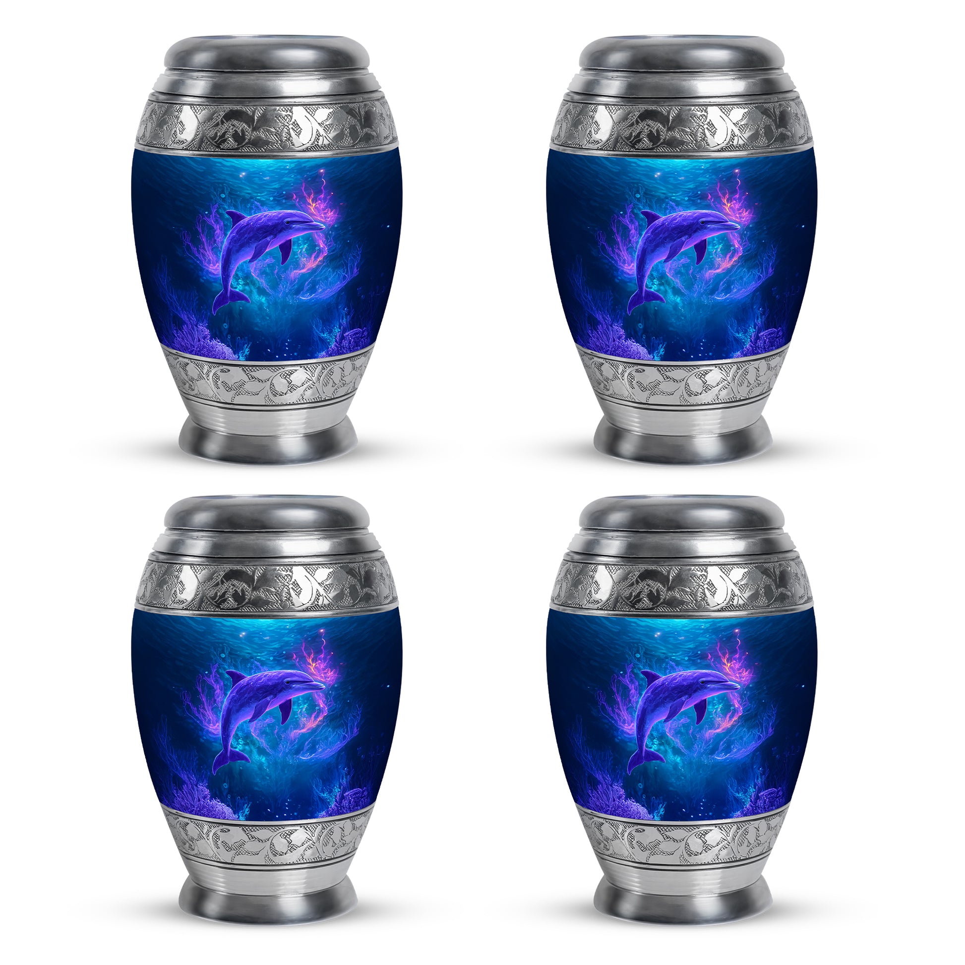 Steel Blue Dolphin Cremation Urn urn with complimentary velvet bag - majestic dolphin pattern with filigree border - 10 inch aluminum urn for cremated remains