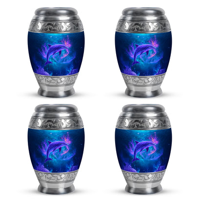 Steel Blue Dolphin Cremation Urn urn with complimentary velvet bag - majestic dolphin pattern with filigree border - 10 inch aluminum urn for cremated remains