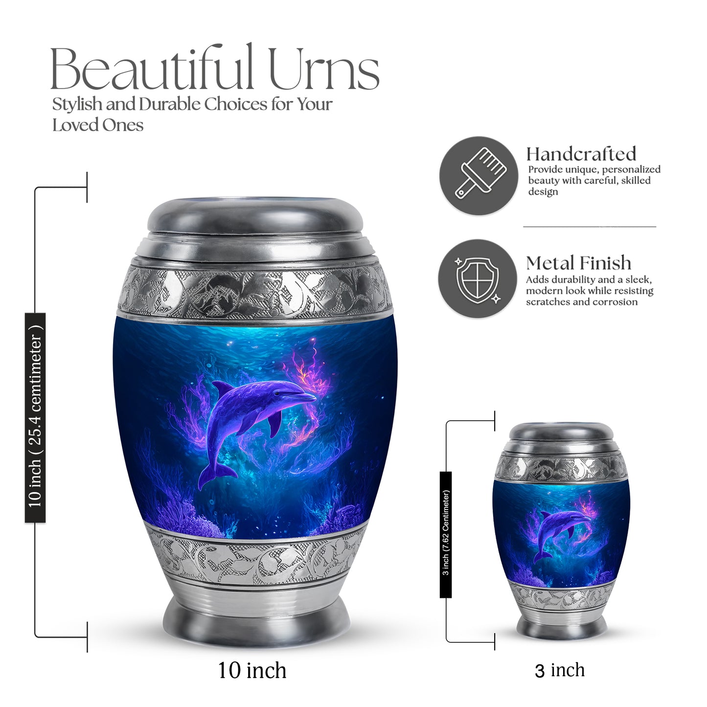 Powder Blue Dolphin Cremation Urn lifestyle display on memorial shelf - regal dolphin design with crown-inspired accents - mini keepsake memorial for portion of cremation ashes