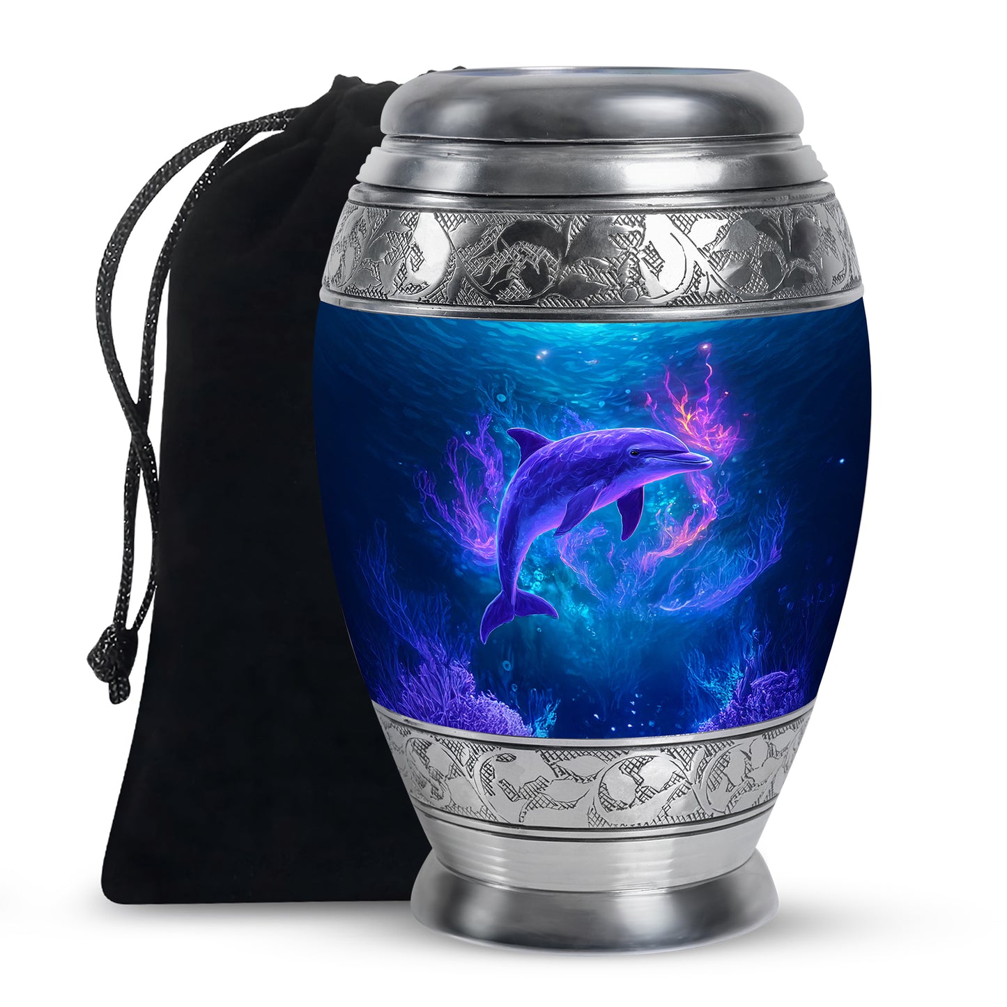 Cobalt Blue Dolphin Cremation Urn back view with polished surface - majestic dolphin pattern with filigree border - full-size 10 inch 200 cubic inch adult cremation urn