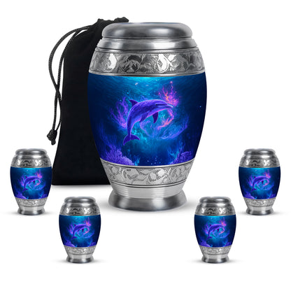 Dusty Blue Dolphin Cremation Urn detail view - regal dolphin design with crown-inspired accents - memorial set with one large and four small urns