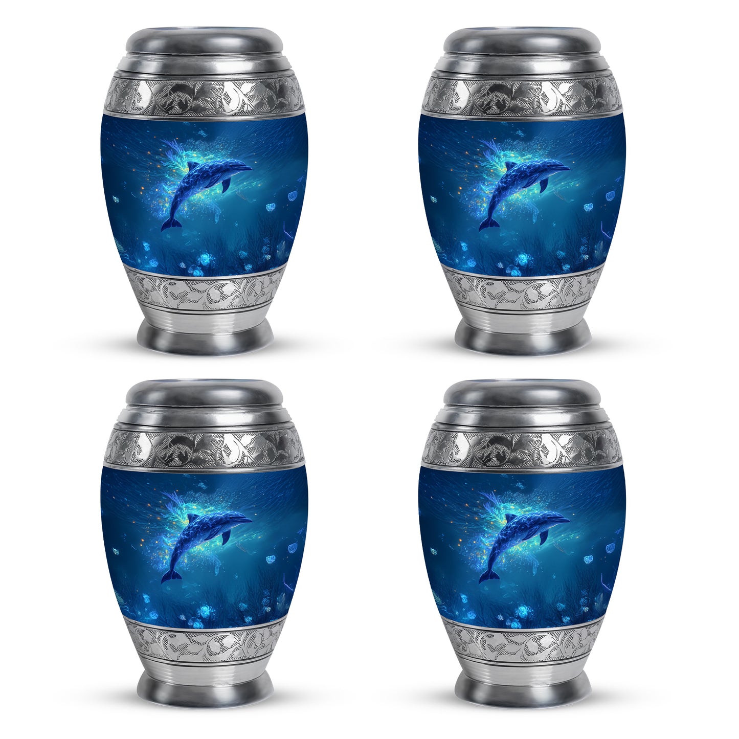 Misty Blue Dolphin Cremation Urn urn with complimentary velvet bag - regal dolphin design with crown-inspired accents - 10 inch aluminum urn for cremated remains