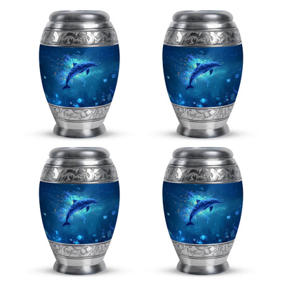 Misty Blue Dolphin Cremation Urn urn with complimentary velvet bag - regal dolphin design with crown-inspired accents - 10 inch aluminum urn for cremated remains