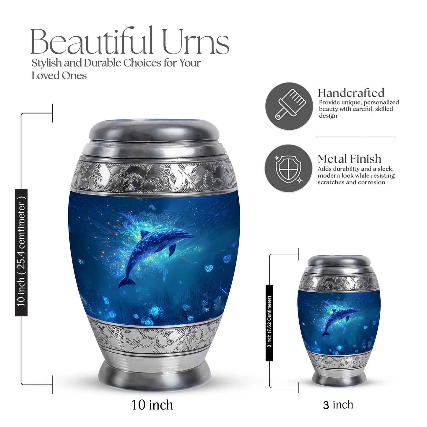 Sky Blue Dolphin Cremation Urn lifestyle display on memorial shelf - regal dolphin design with crown-inspired accents - mini keepsake memorial for portion of cremation ashes