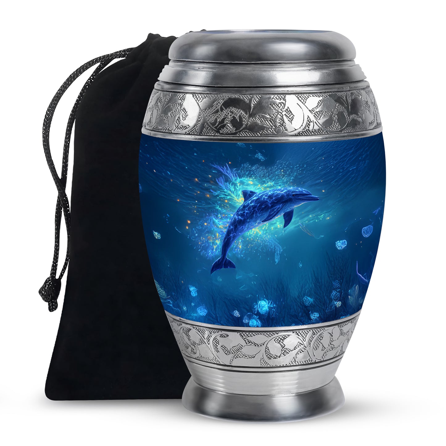 Pastel Blue Dolphin Cremation Urn back view with polished surface - ornate monarch-style dolphin relief on brushed aluminum - full-size 10 inch 200 cubic inch adult cremation urn