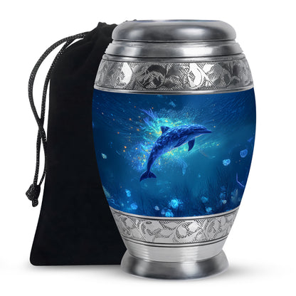 Pastel Blue Dolphin Cremation Urn back view with polished surface - ornate monarch-style dolphin relief on brushed aluminum - full-size 10 inch 200 cubic inch adult cremation urn