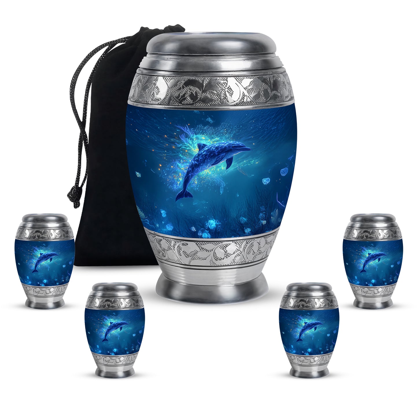 Serene Blue Dolphin Cremation Urn detail view - royal dolphin engraving with decorative scrollwork - memorial set with one large and four small urns