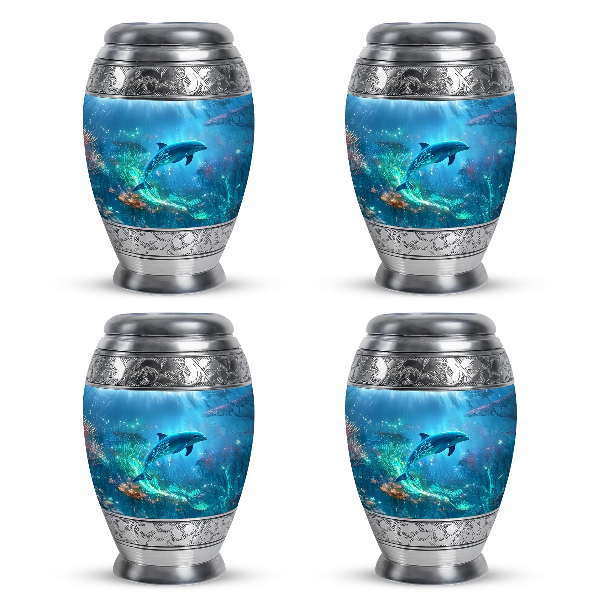 Calming Blue Dolphin Cremation Urn urn with complimentary velvet bag - royal dolphin engraving with decorative scrollwork - 10 inch aluminum urn for cremated remains