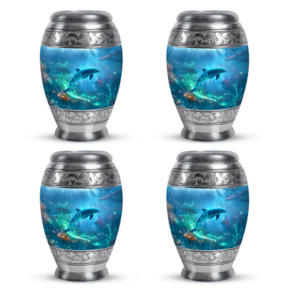 Calming Blue Dolphin Cremation Urn urn with complimentary velvet bag - royal dolphin engraving with decorative scrollwork - 10 inch aluminum urn for cremated remains