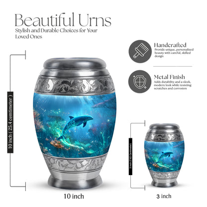Sapphire Blue Dolphin Cremation Urn lifestyle display on memorial shelf - royal dolphin engraving with decorative scrollwork - mini keepsake memorial for portion of cremation ashes