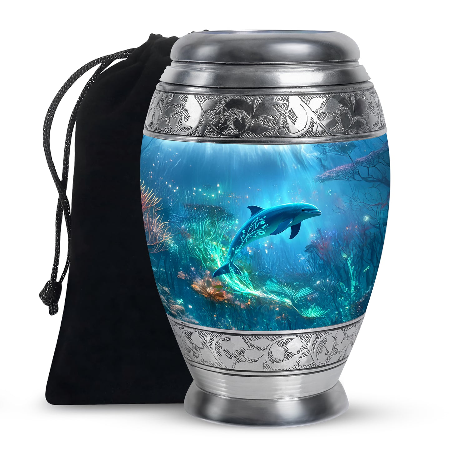 Steel Blue Dolphin Cremation Urn back view with polished surface - royal dolphin engraving with decorative scrollwork - full-size 10 inch 200 cubic inch adult cremation urn