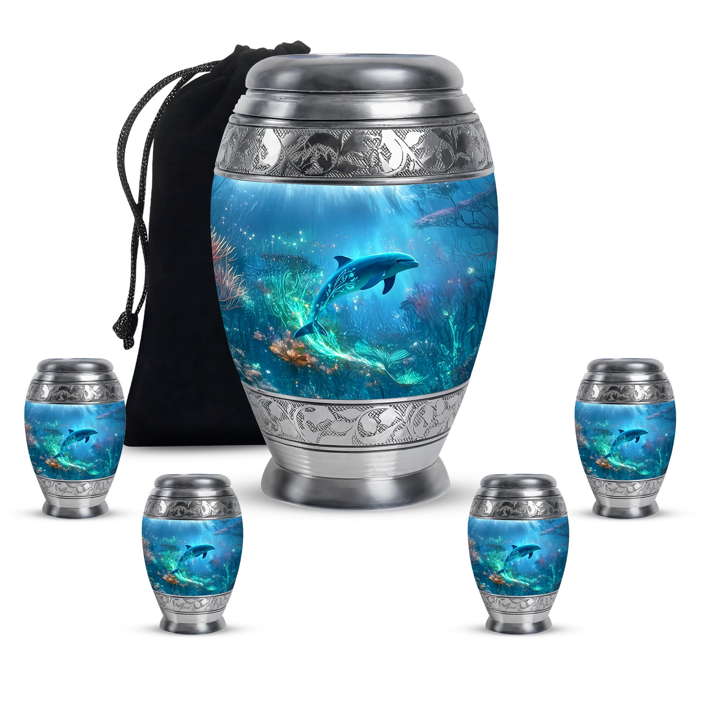 Royal Blue Dolphin Cremation Urn detail view - majestic dolphin pattern with filigree border - memorial set with one large and four small urns