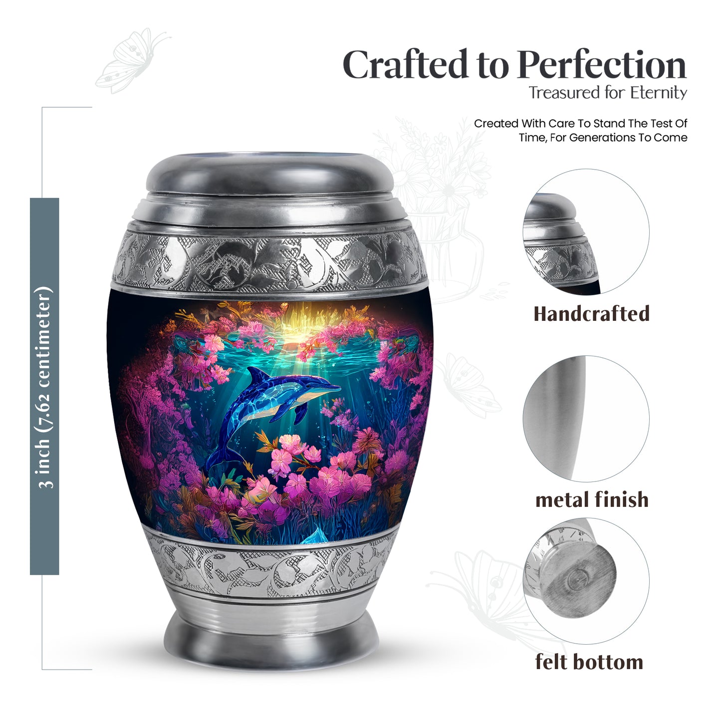 Sunrise Gold Dolphin Cremation Urn lifestyle display on memorial shelf - ornate monarch-style dolphin relief on brushed aluminum - mini keepsake memorial for portion of cremation ashes