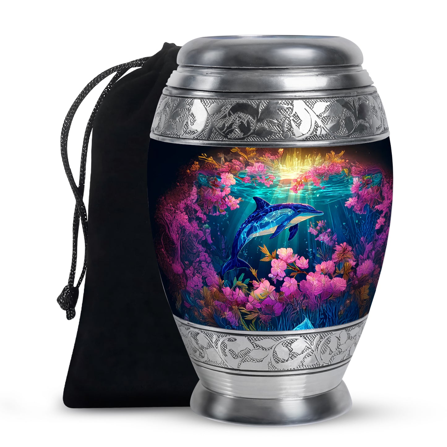 Amber Gold Dolphin Cremation Urn back view with polished surface - ornate monarch-style dolphin relief on brushed aluminum - full-size 10 inch 200 cubic inch adult cremation urn