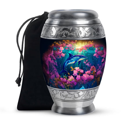 Amber Gold Dolphin Cremation Urn back view with polished surface - ornate monarch-style dolphin relief on brushed aluminum - full-size 10 inch 200 cubic inch adult cremation urn