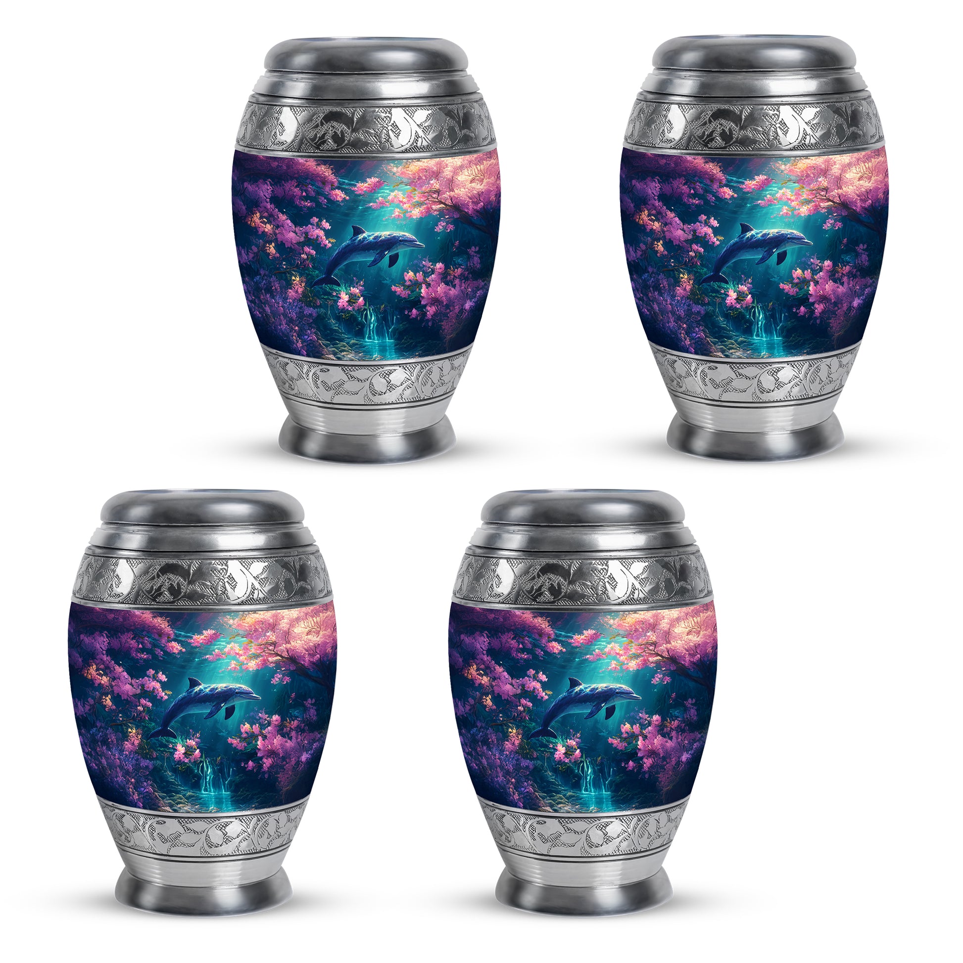Pastel Pink Dolphin Cremation Urn urn with complimentary velvet bag - regal dolphin design with crown-inspired accents - 10 inch aluminum urn for cremated remains