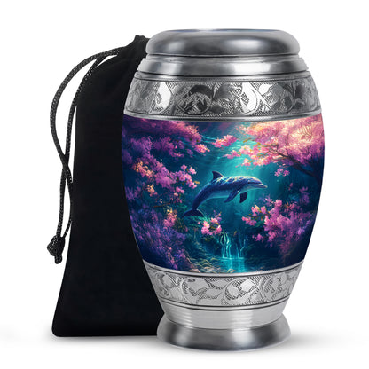 Pastel Pink Dolphin Cremation Urn back view with polished surface - regal dolphin design with crown-inspired accents - full-size 10 inch 200 cubic inch adult cremation urn