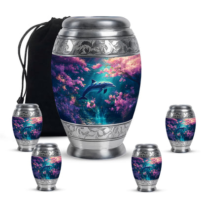 Peony Pink Dolphin Cremation Urn detail view - ornate monarch-style dolphin relief on brushed aluminum - memorial set with one large and four small urns