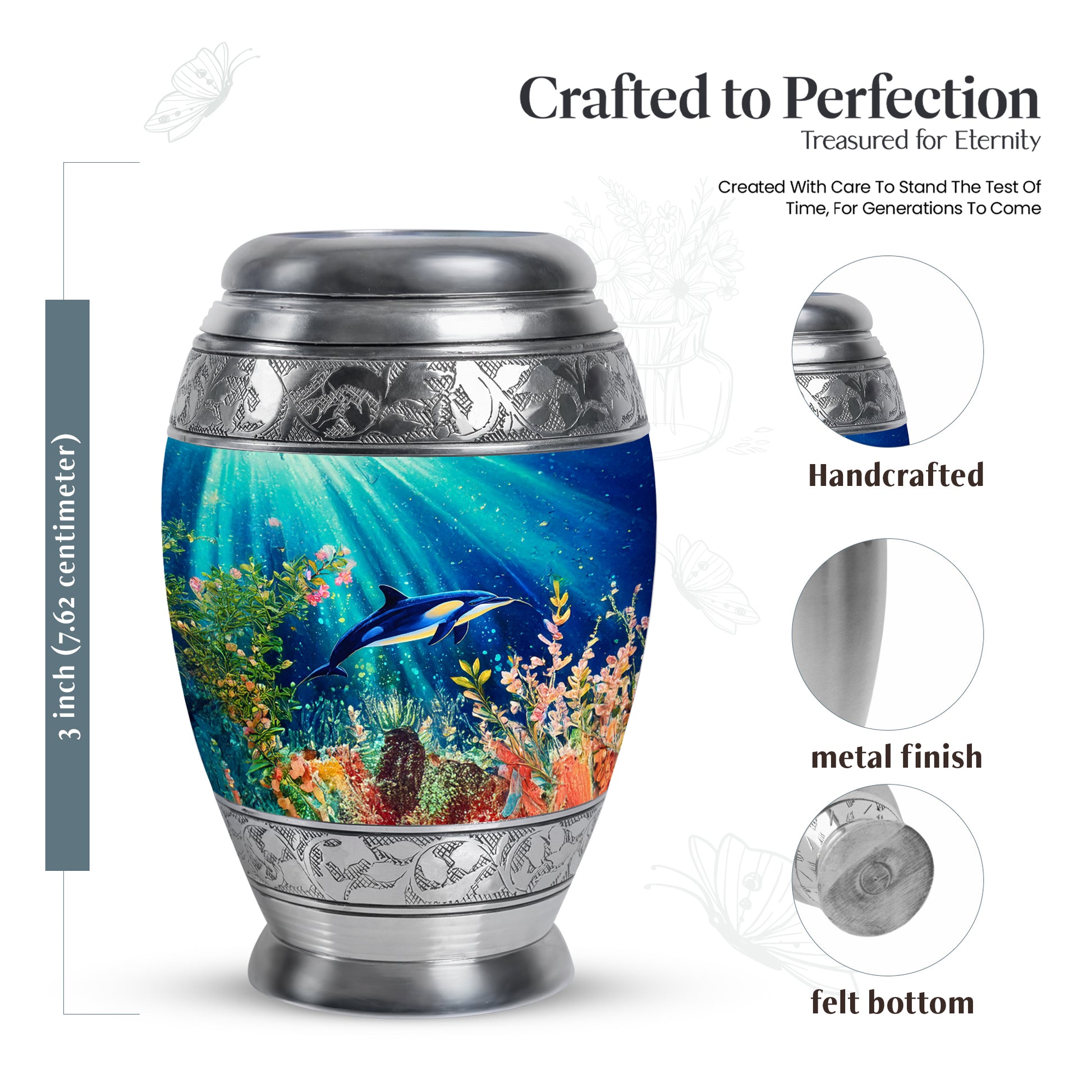 Tropical Teal Dolphin Cremation Urn lifestyle display on memorial shelf - royal dolphin engraving with decorative scrollwork - mini keepsake memorial for portion of cremation ashes
