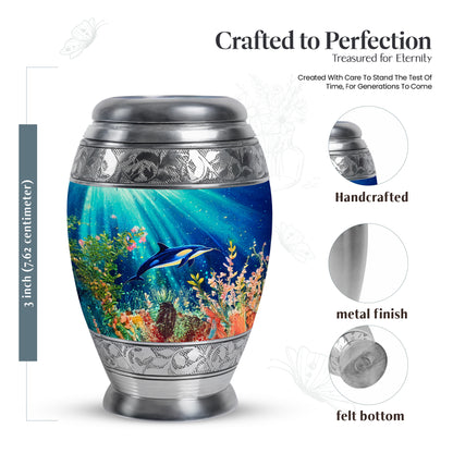 Tropical Teal Dolphin Cremation Urn lifestyle display on memorial shelf - royal dolphin engraving with decorative scrollwork - mini keepsake memorial for portion of cremation ashes