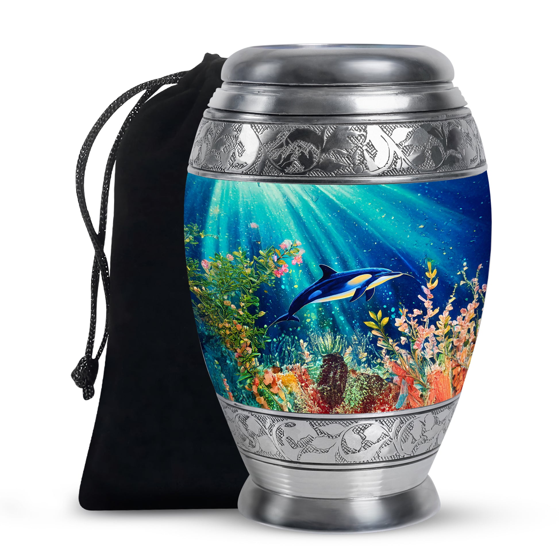 Tropical Teal Dolphin Cremation Urn back view with polished surface - royal dolphin engraving with decorative scrollwork - full-size 10 inch 200 cubic inch adult cremation urn