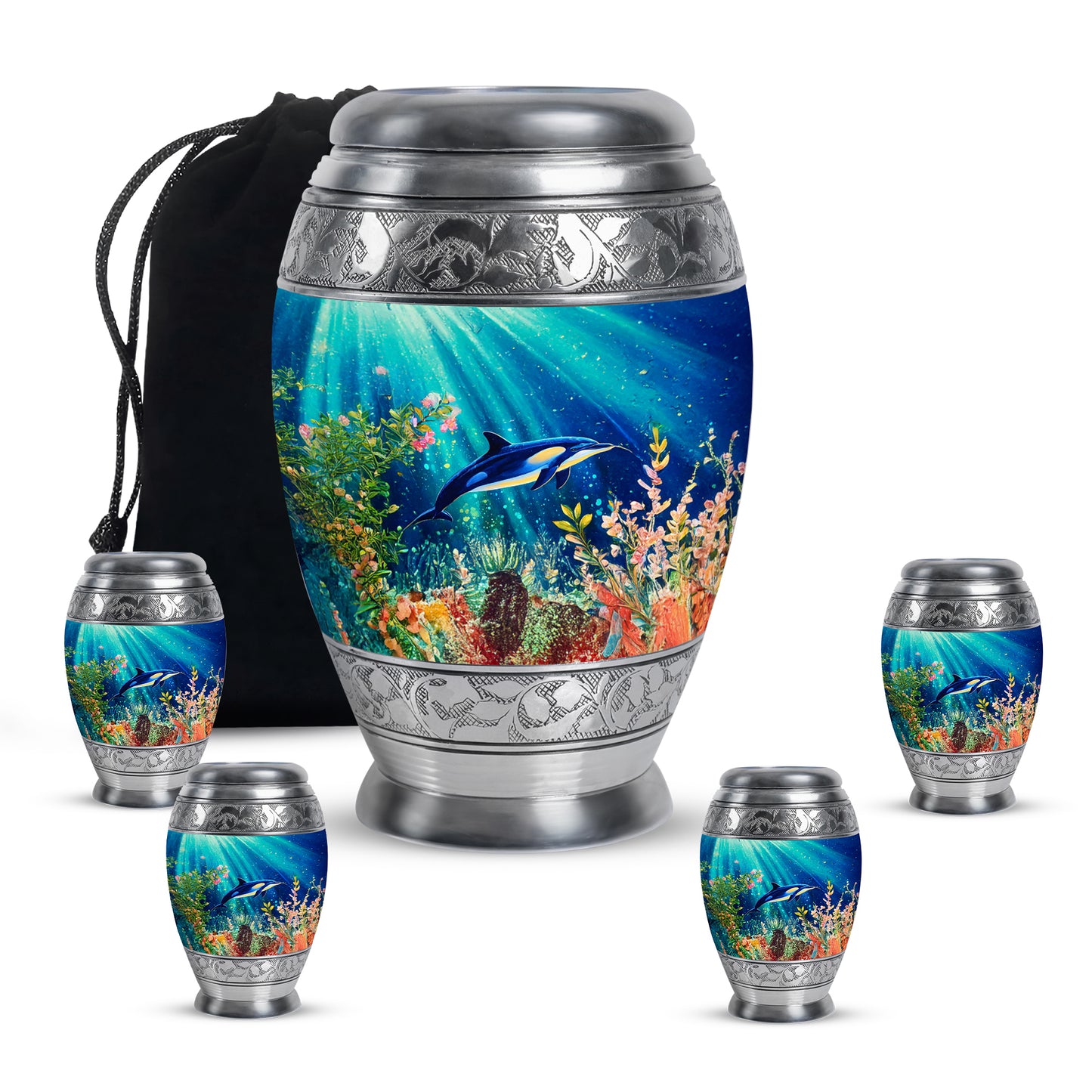 Ocean Teal Dolphin Cremation Urn detail view - regal dolphin design with crown-inspired accents - memorial set with one large and four small urns