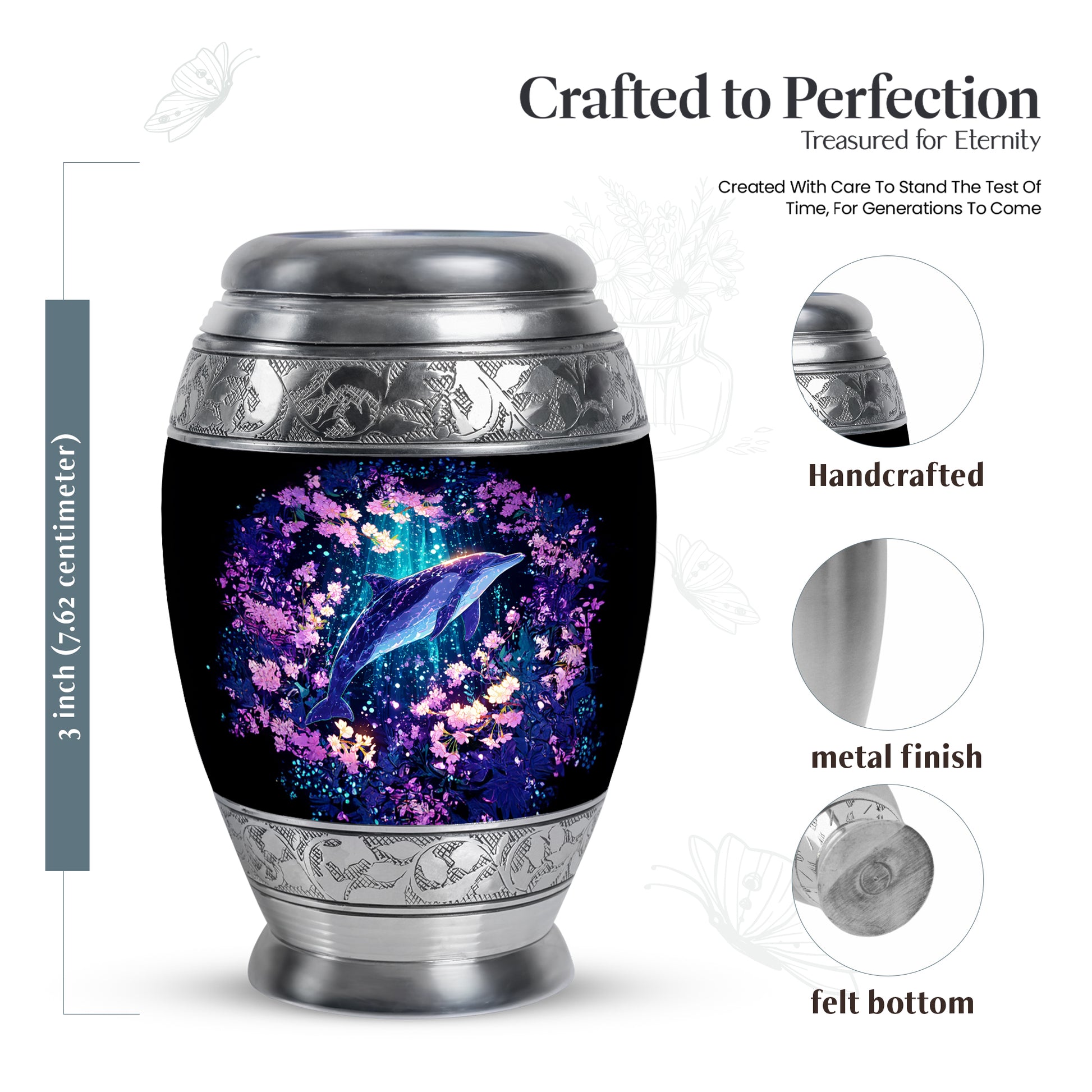 Sapphire Blue Dolphin Cremation Urn lifestyle display on memorial shelf - royal dolphin engraving with decorative scrollwork - mini keepsake memorial for portion of cremation ashes