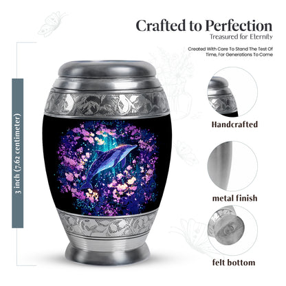 Sapphire Blue Dolphin Cremation Urn lifestyle display on memorial shelf - royal dolphin engraving with decorative scrollwork - mini keepsake memorial for portion of cremation ashes