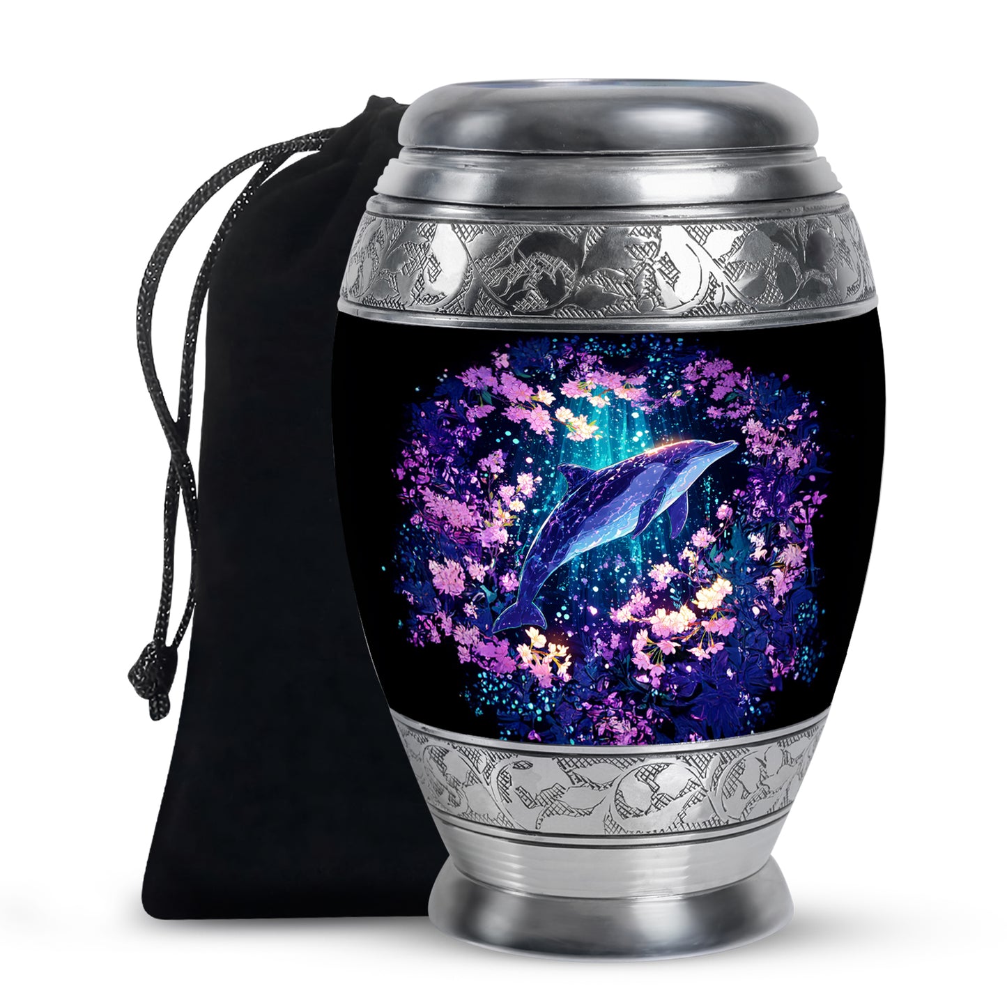 Slate Blue Dolphin Cremation Urn back view with polished surface - regal dolphin design with crown-inspired accents - full-size 10 inch 200 cubic inch adult cremation urn