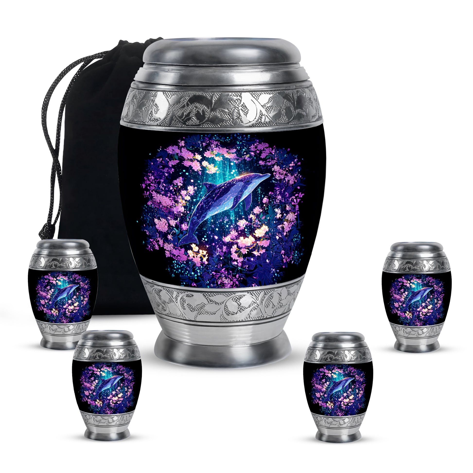 Slate Blue Dolphin Cremation Urn detail view - ornate monarch-style dolphin relief on brushed aluminum - memorial set with one large and four small urns