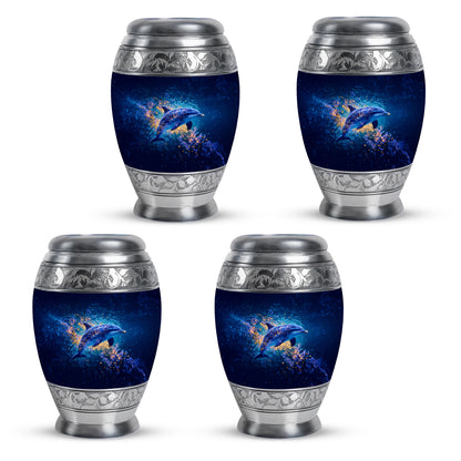 Slate Blue Dolphin Cremation Urn urn with complimentary velvet bag - regal dolphin design with crown-inspired accents - 10 inch aluminum urn for cremated remains