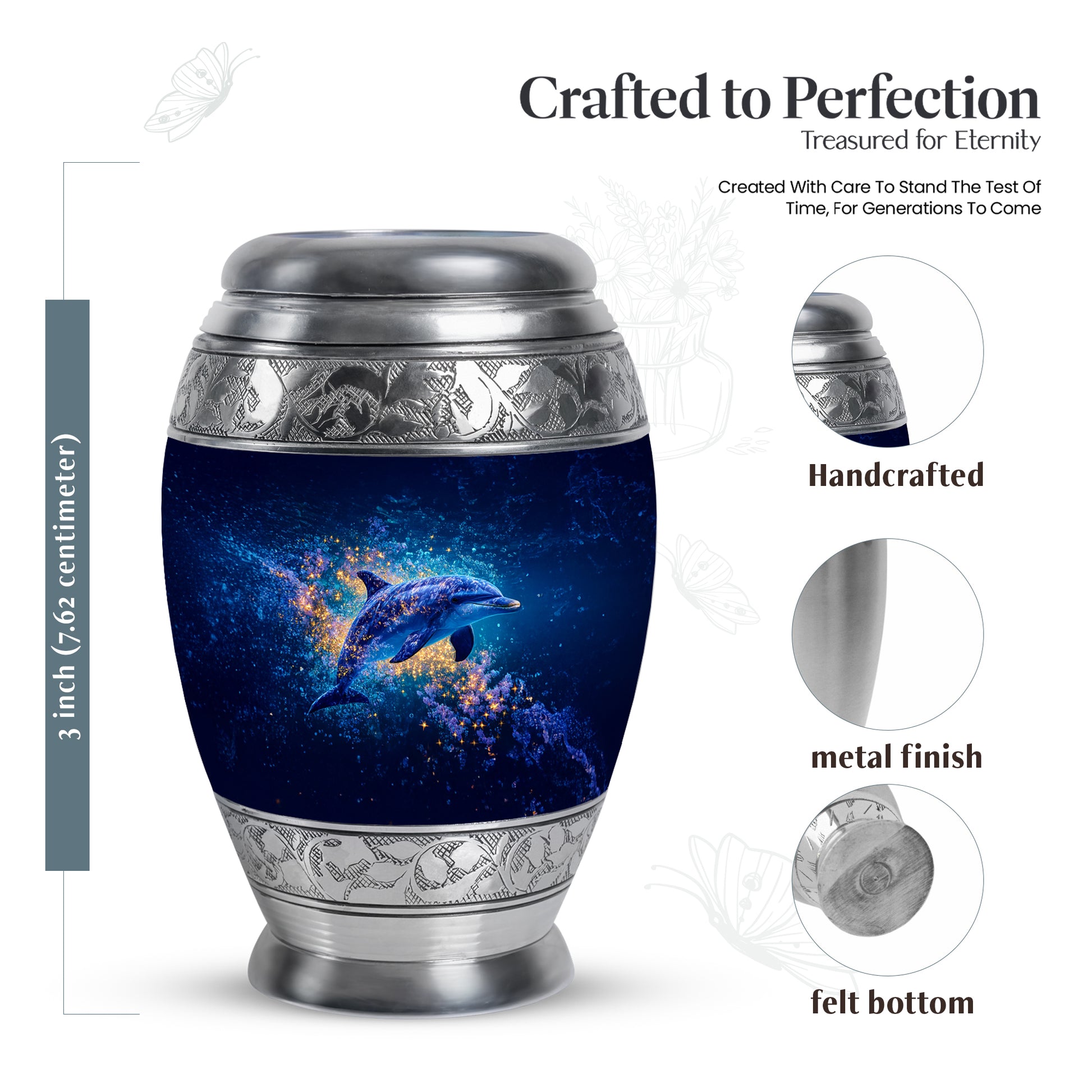 Steel Blue Dolphin Cremation Urn lifestyle display on memorial shelf - royal dolphin engraving with decorative scrollwork - mini keepsake memorial for portion of cremation ashes