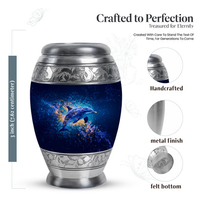 Steel Blue Dolphin Cremation Urn lifestyle display on memorial shelf - royal dolphin engraving with decorative scrollwork - mini keepsake memorial for portion of cremation ashes