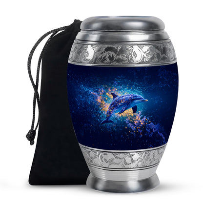 Indigo Dolphin Cremation Urn back view with polished surface - ornate monarch-style dolphin relief on brushed aluminum - full-size 10 inch 200 cubic inch adult cremation urn